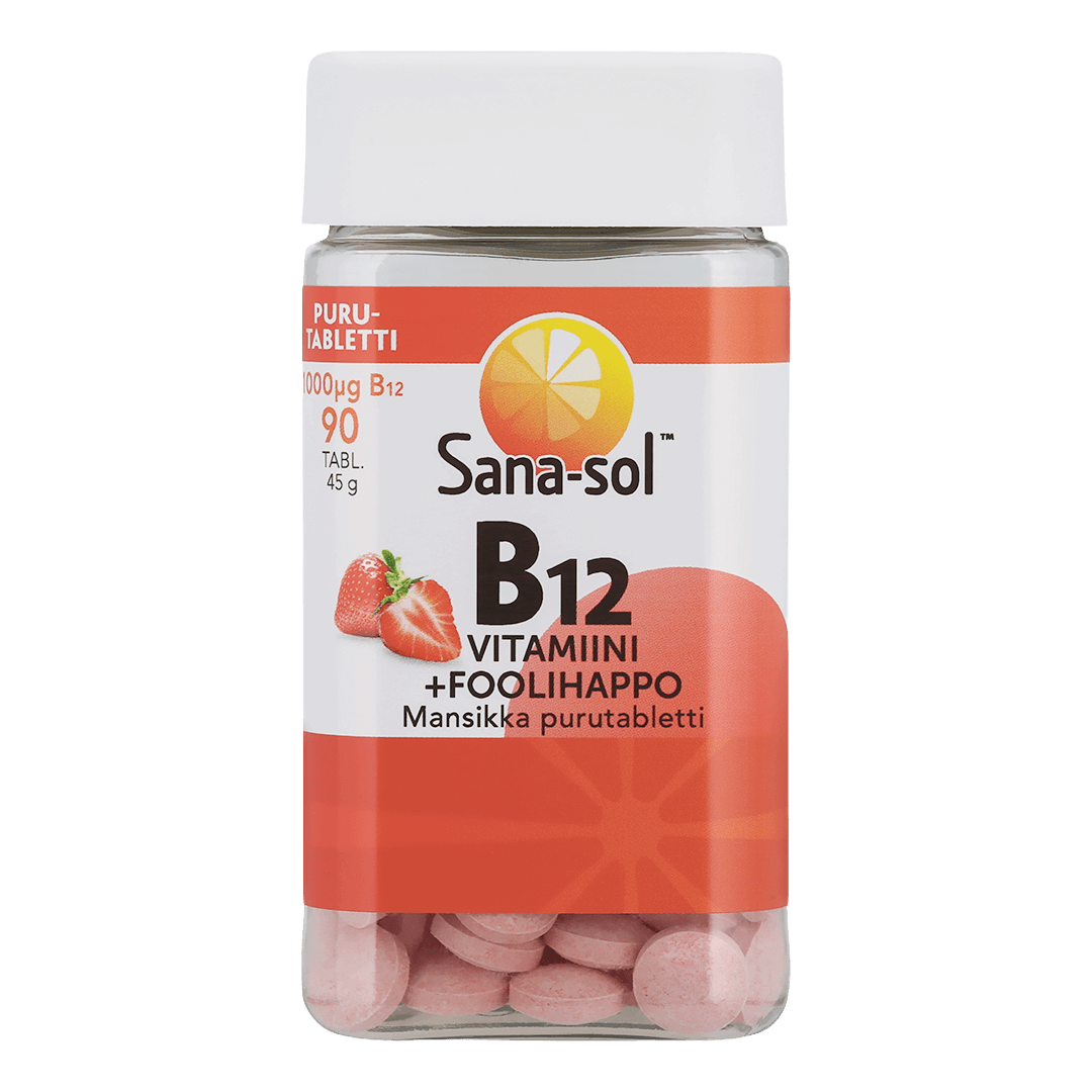 B12-vitamiini + Foolihappo mansikanmakuinen purutabletti