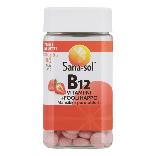 B12-vitamiini + Foolihappo mansikanmakuinen purutabletti
