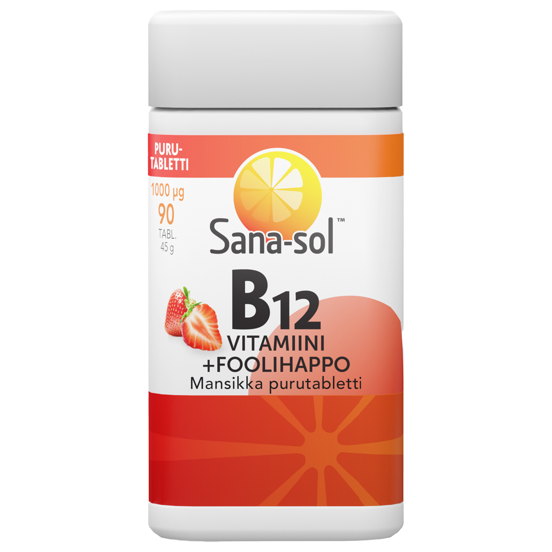 B12-vitamiini + Foolihappo mansikanmakuinen purutabletti