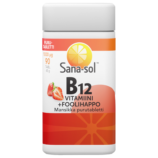 B12-vitamiini + Foolihappo mansikanmakuinen purutabletti