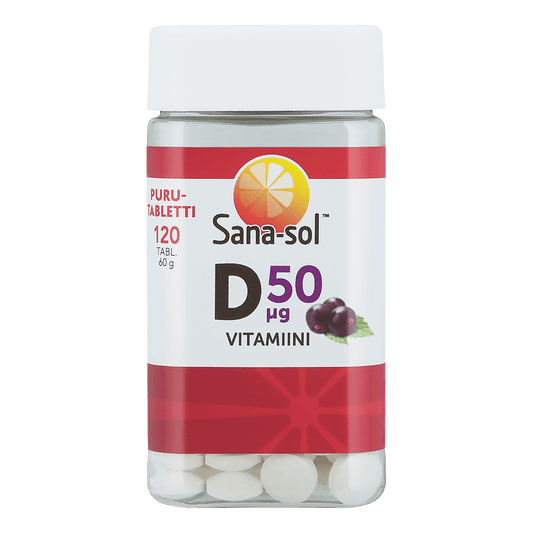 D-vitamiini 50μg mustaherukanmakuinen purutabletti